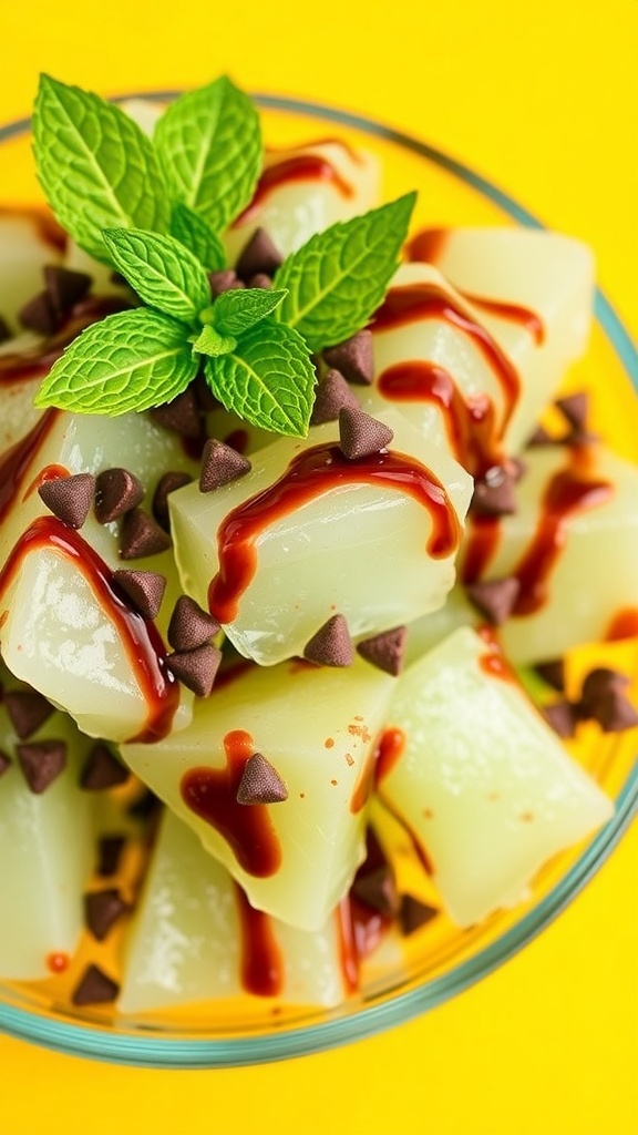 A bowl of colorful ice chips with mint syrup and chocolate chips, garnished with mint leaves and chocolate sauce.